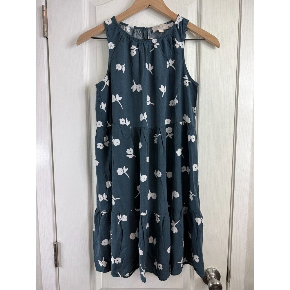 LOFT Outlet Women’s Blue Floral Tiered Mini Dress XS Sleeveless Rayon Boho